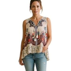 Woman’s Bila XXL Boho Peasant Flowy Mixed-media Sleeveless Top with Tassel Ties